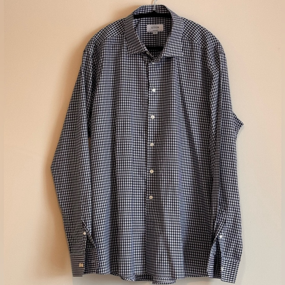 Eton Men's Navy and White Gingham Shirt